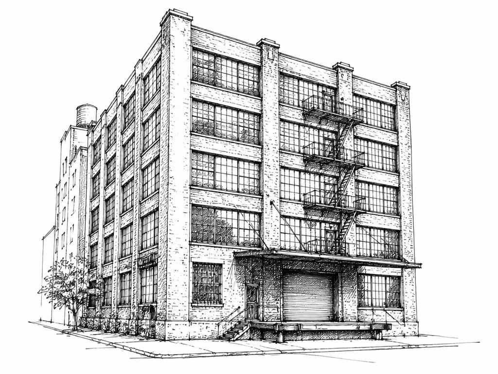 Ink sketch of a Chelsea warehouse loft building