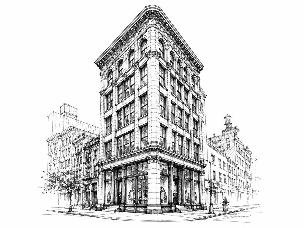 Ink sketch of a Flatiron store-and-loft building